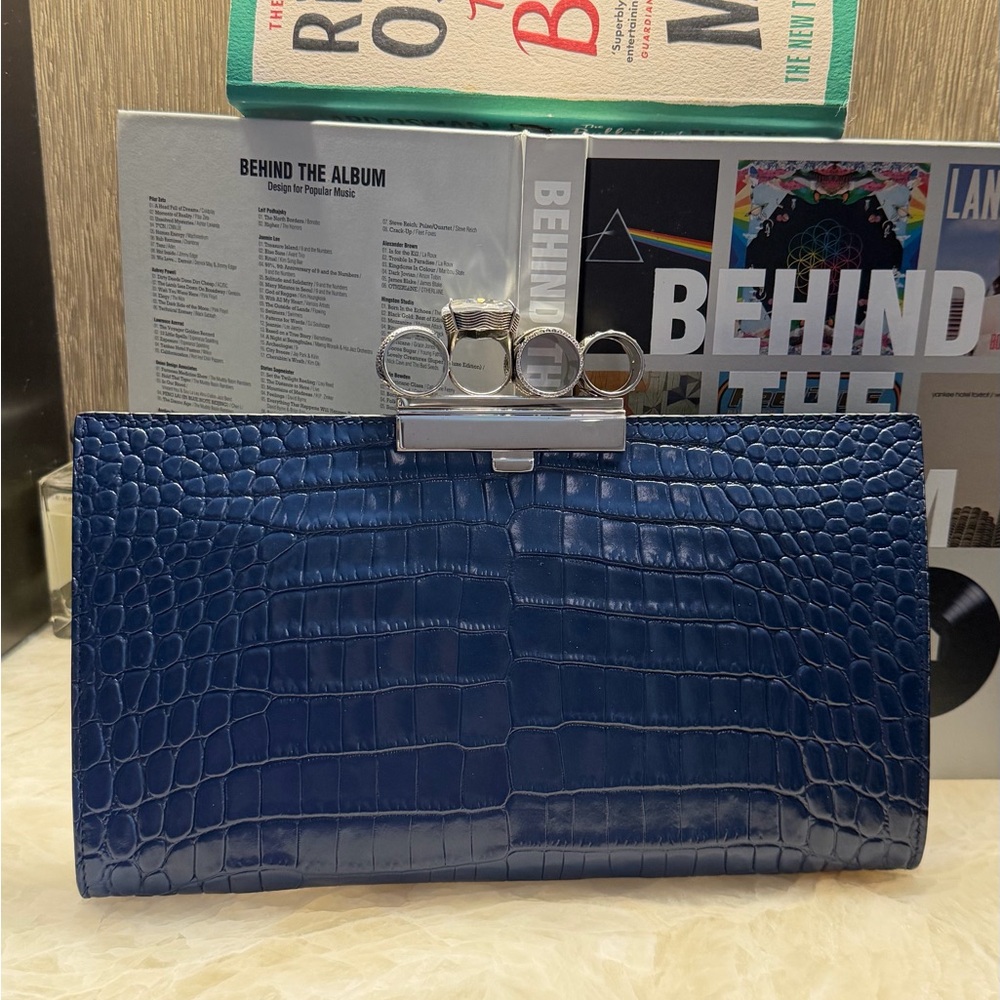 Alexander McQueen Blue Croc-Embossed Leather Clutch with Silver Knuckle Handle